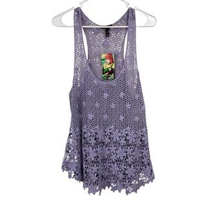 Fang Size XL  Purple Floral Crochet Open Knit Racerback Top Boho Festival